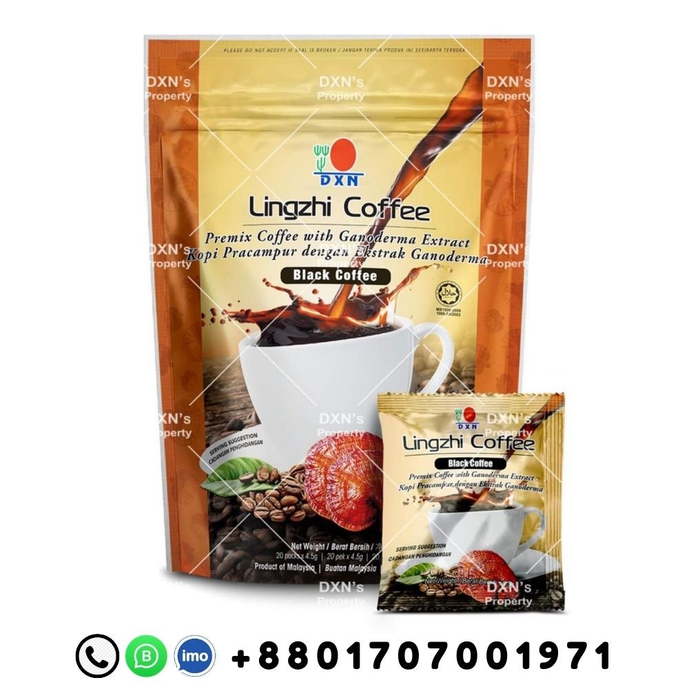 DXN-Lingzhi-Black-Coffee-20sachet DXN Lingzhi Black Coffee 20 sachets packaging with DXN branding, Malaysian product and Bangladeshi contact number