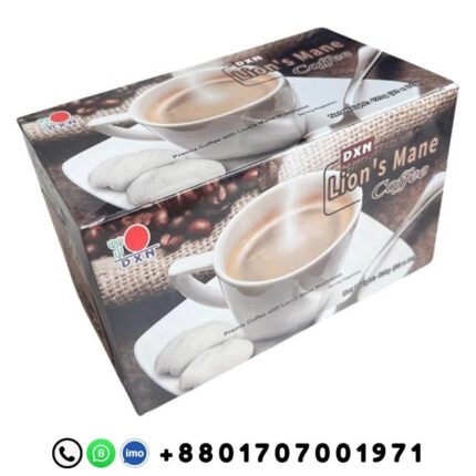 DXN Lion's Mane Coffee product packaging with DXN branding and Bangladeshi contact number