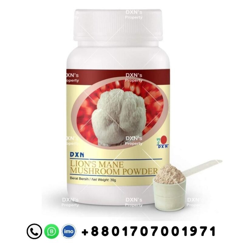 DXN Lion's Mane Mushroom Powder 30g product packaging with DXN branding and Bangladeshi contact number