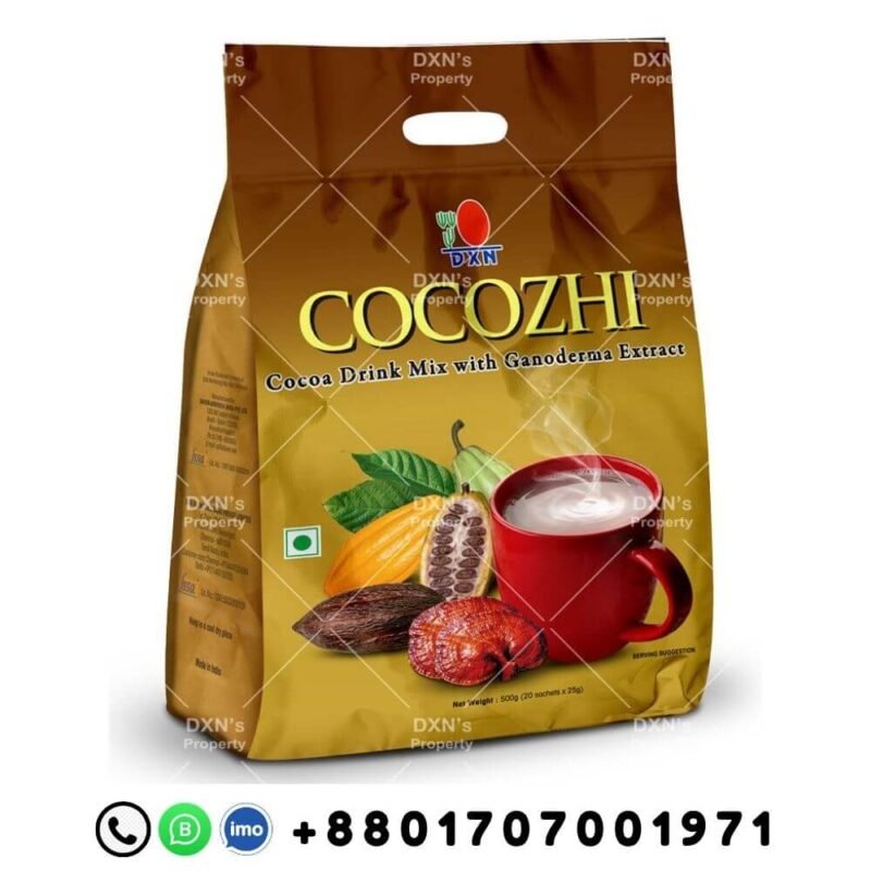DXN Cocozhi 500g health drink packaging with coconut and ganoderma, 20 sachets and Bangladeshi contact number for worldwide DXN products