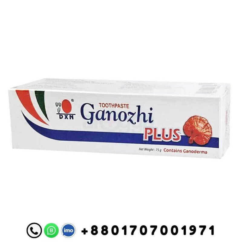 DXN Ganozhi Plus Toothpaste 75gm travel size packaging with Ganoderma content and Bangladeshi contact number