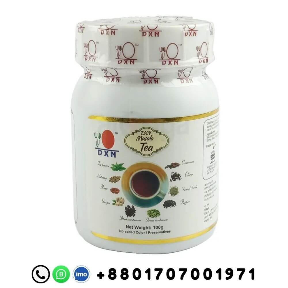 DXN-Masala-Tea-100g-Spiced-Tea DXN Masala Tea 100g product packaging with DXN branding and Bangladeshi contact number