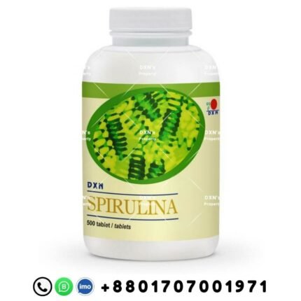 DXN Spirulina 500 tablets family pack natural supplement with DXN branding and Bangladeshi contact number for worldwide online marketing