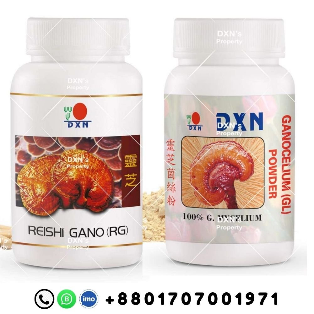 DXN-Reishi-Gano-RG-Ganogelium-GL-Combo-Pack DXN Reishi Gano RG and Ganogelium GL combo products packaging with Lingzhi Chinese text and Bangladeshi contact number for worldwide online marketing